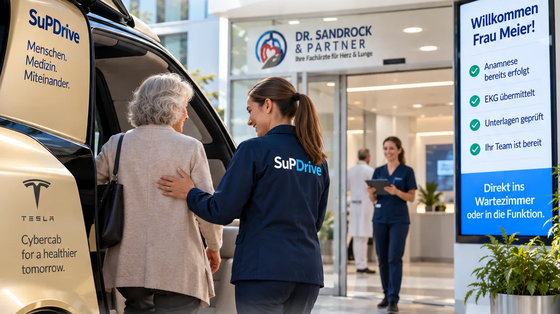 SuPDrive-Begleiterin hilft einer Patientin aus dem Fahrzeug vor der Praxis