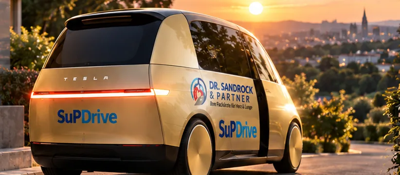 Goldenes SuPDrive-Fahrzeug im Abendlicht vor einem Wohnhaus