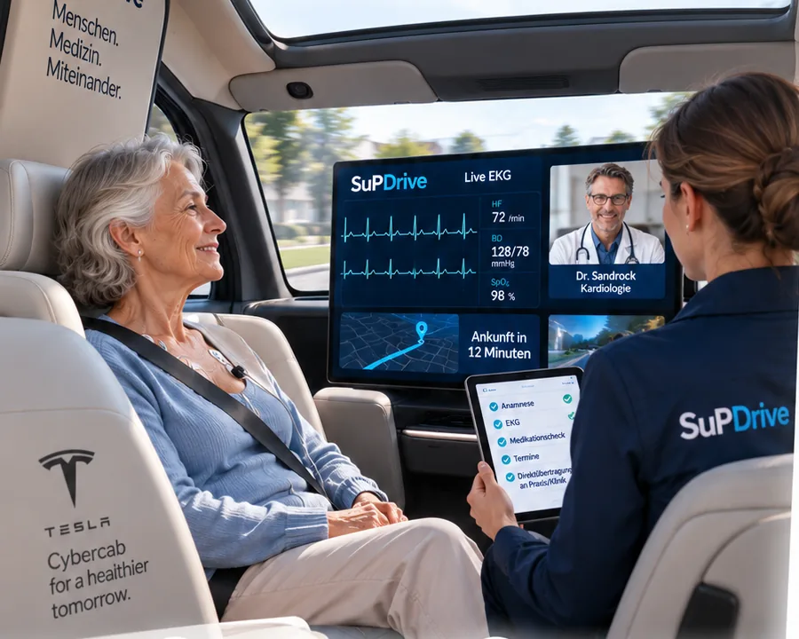 Patientin im SuPDrive-Fahrzeug, auf dem Bildschirm Live-EKG und ein zugeschalteter Kardiologe